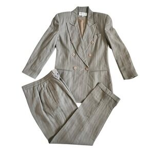 Vtg Cross Country Fashions Double Breasted Pinstripe Pant Suit Womens 2 Taupe